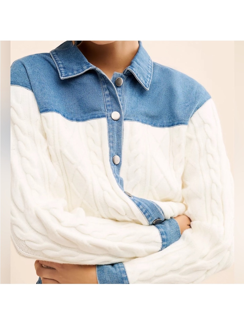 Anthropologie Dolan Denim and Cream Cable Mix Cardigan Sweater Jacket, Medium